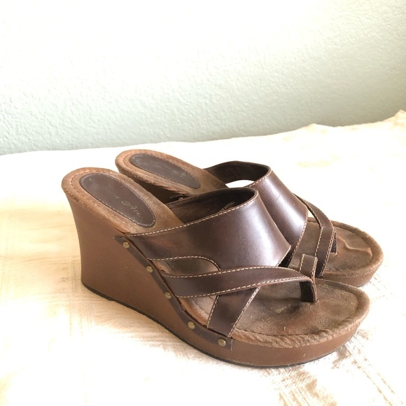 vtg Y2K Melrose Ave Wedges Brown 7.5 Medium Vegan Leather - Picture 1 of 9